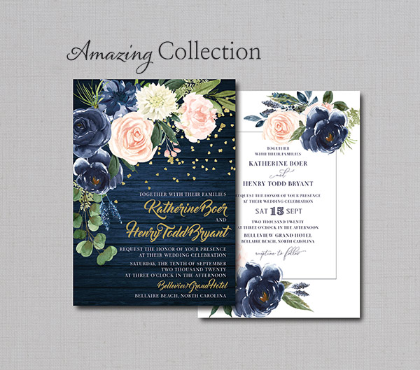 floral rustic blue affordable wedding invitations