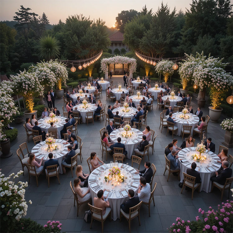 Outdoor wedding venue with seating set up in a garden