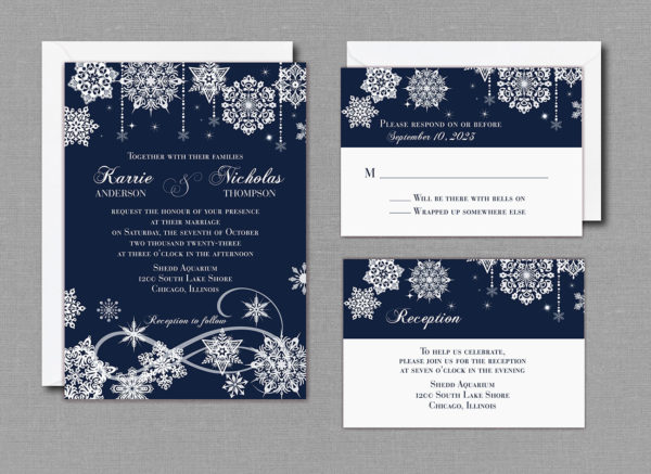 Navy Winter Snow Wedding Invitation Suite with Envelopes 131143
