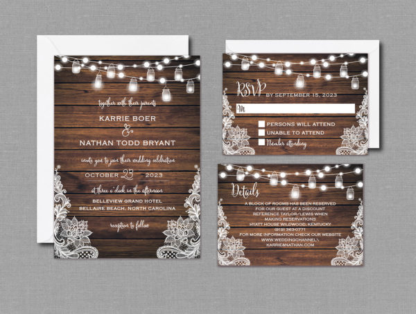 Rustic Wood String Lights Wedding Invitation Suite with Envelopes 17010