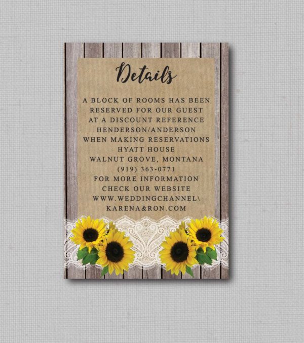 Rustic Wood Lace Sunflower Wedding Detail Card