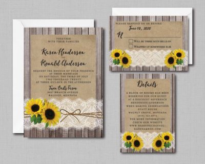 Rustic Wood Lace Sunflower Wedding Invitation with Envelope