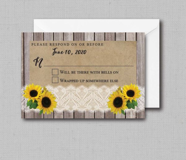 Rustic Wood Lace Sunflower Wedding RSVP Card