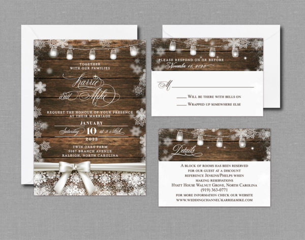 Rustic Country Wood Winter Wedding Invitation Suite with Envelopes