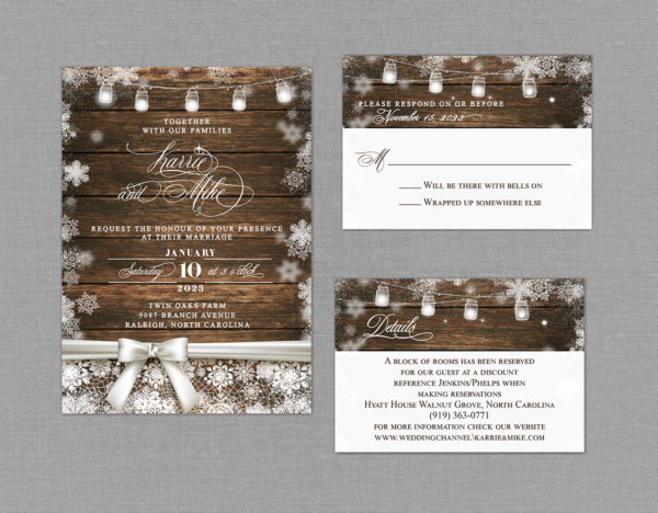 Rustic Country Wood Winter Wedding Invitation Suite