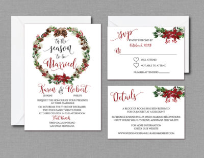 Wreath Winter Wedding Invitation Suite With Envelopes