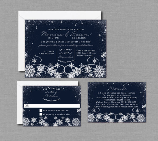 Navy Winter Snowflakes Wedding Invitation Suite with Envelopes 17046