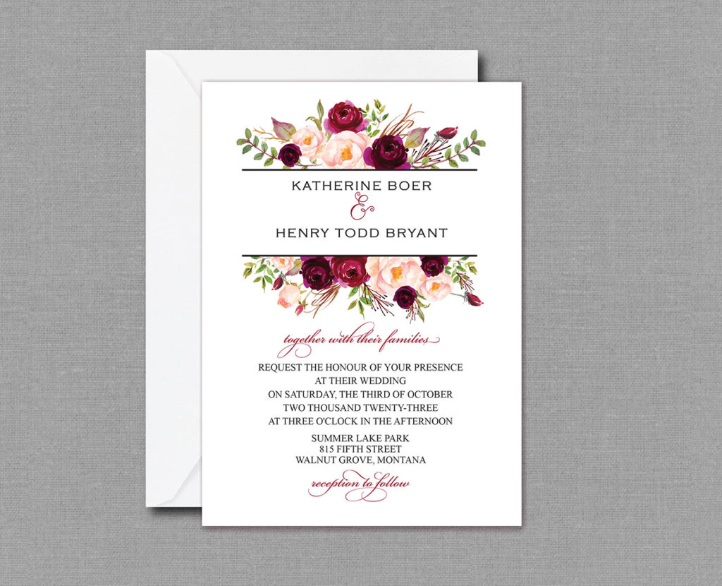 Burgundy Watercolor Floral Boho Wedding Invitation 17053
