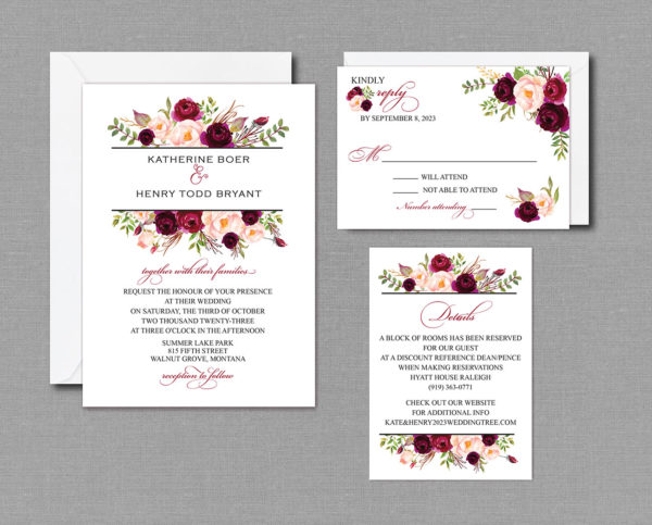 Burgundy Watercolor Floral Boho Wedding Invitation Suite with Envelopes 17053