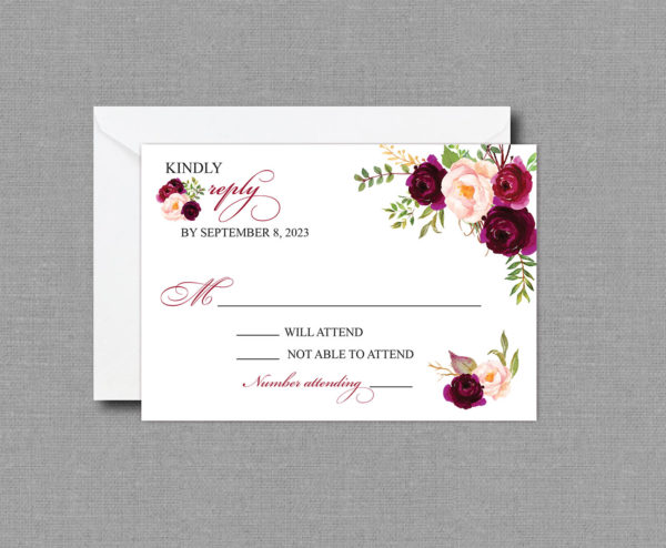 Burgundy Watercolor Floral Boho Wedding RSVP Card 17053