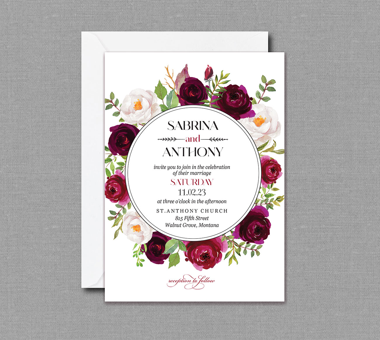 Cranberry Burgundy Floral Wedding Invitation 17054