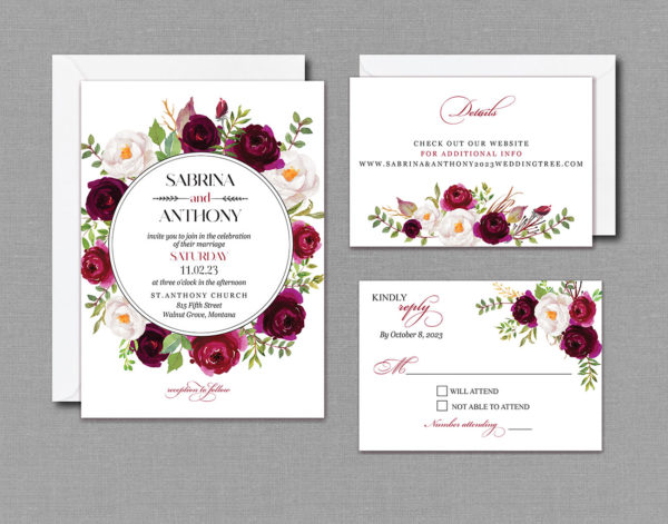 Cranberry Burgundy Floral Wedding Invitation Suite with envelopes 17054