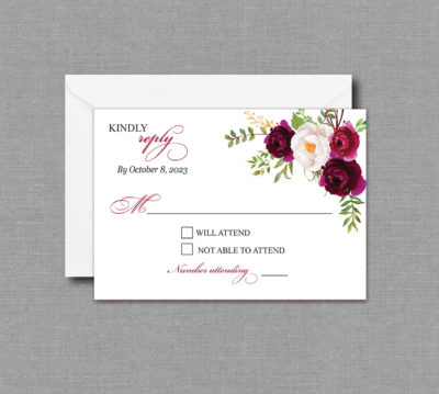 Cranberry Burgundy Floral Wedding RSVP Card 17054