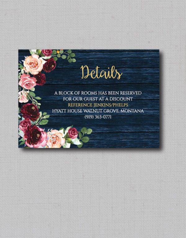 Rustic Navy Floral Wedding Detail Card