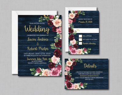 Rustic Navy Floral Wedding Invitation with envelope