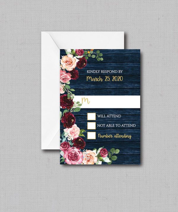 Rustic Navy Floral Wedding RSVP Card