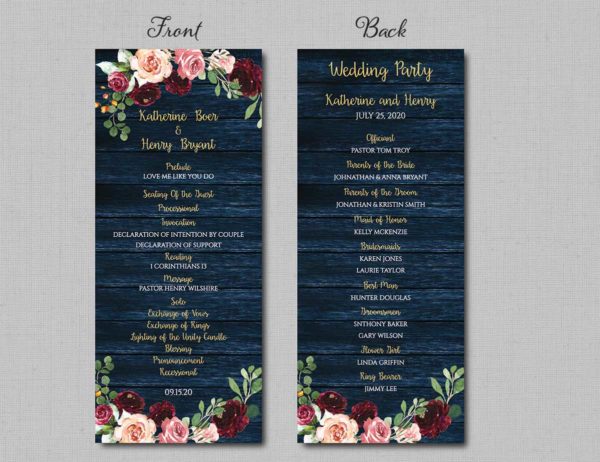 Rustic Navy Floral Wedding Program
