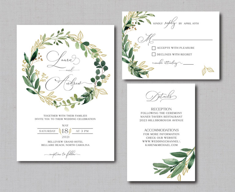 Eucalyptus Greenery Wreath with Gold leaves Wedding Invitation ...