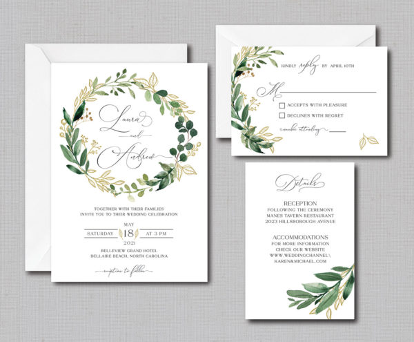 Eucalyptus Greenery Wreath with Gold leaves Wedding Invitation ...