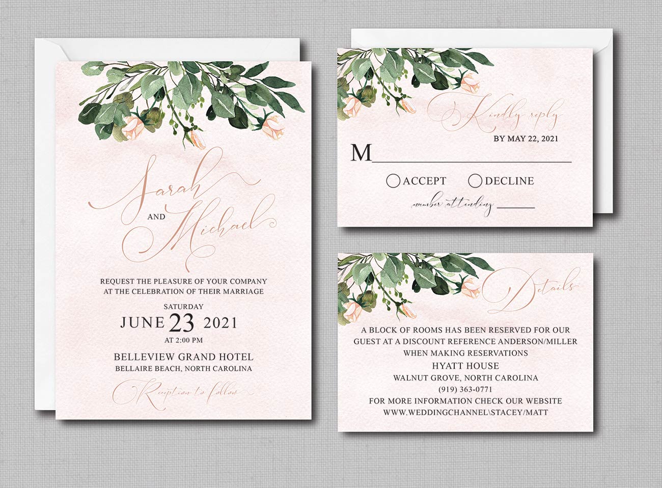 Watercolor Eucalyptus Greenery Blush Flowers Wedding Invitation - Image 2