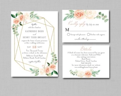 Geometric Peach Floral Wedding Invitation