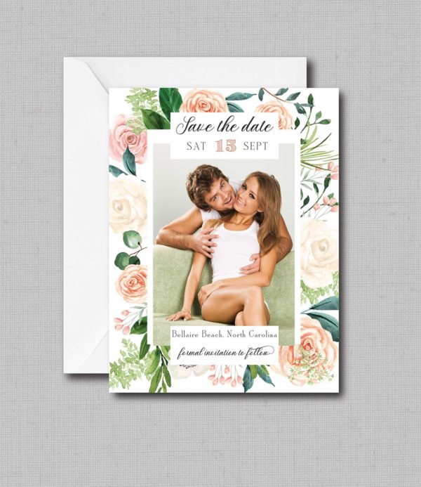 Framed Blush White Floral With Greenery Wedding Save The Date with Envelope