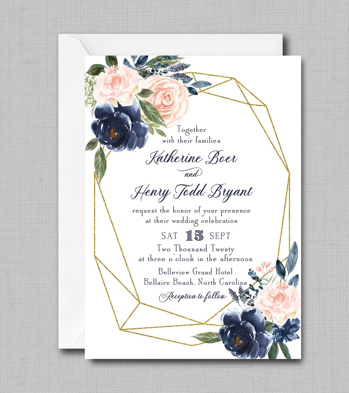 Navy Blue and Blush Watercolor Floral Geometric Wedding