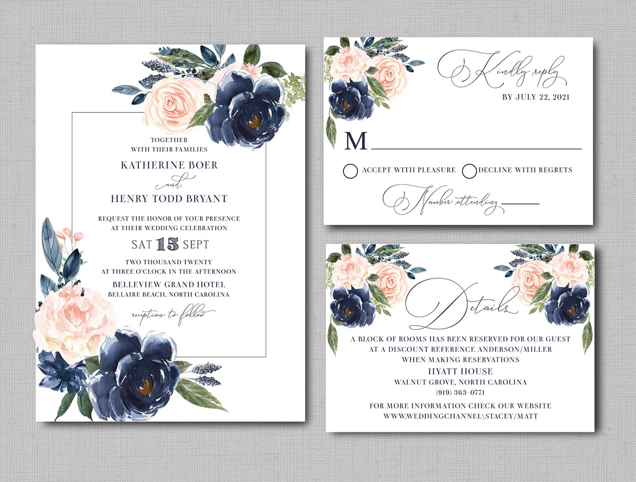 Navy Blue and Blush Watercolor Floral Framed Wedding Invitation