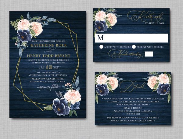 Navy Blue and Blush Watercolor Floral with Gold Geometric Wedding Invitation