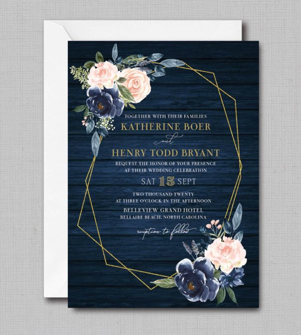 Navy Blue and Blush Watercolor Floral with Gold Geometric Wedding Invitation - Image 3