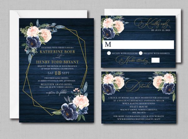 Navy Blue and Blush Watercolor Floral with Gold Geometric Wedding Invitation - Image 2