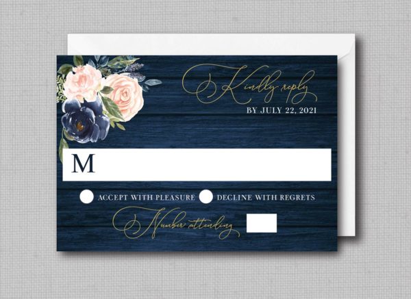Navy Blue and Blush Watercolor Floral with Gold Geometric Wedding Invitation - Image 4