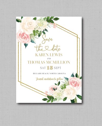 Pink & White Floral Geometric Wedding Save The Date