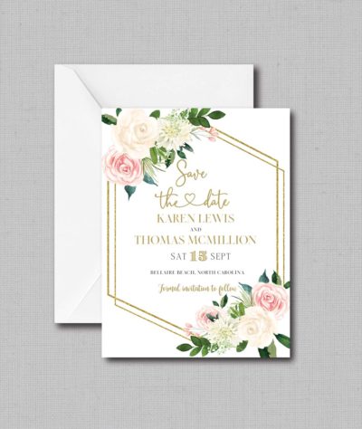 Pink & White Floral Geometric Wedding Save The Date with Envelope