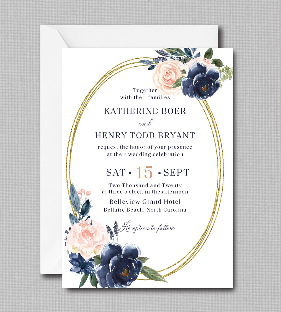 Watercolor Navy & Blush Boho Blush Gold Greenery Wedding Invitation - Image 3