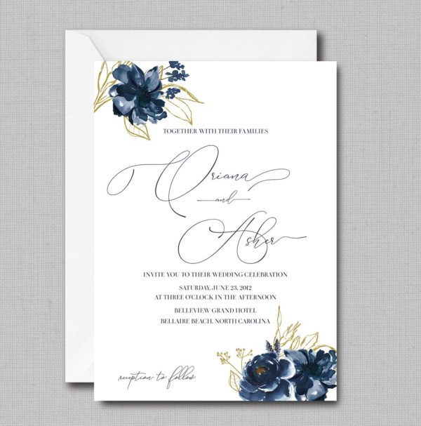 Watercolor Navy Blue And Gold Floral Wedding Invitation - Image 3