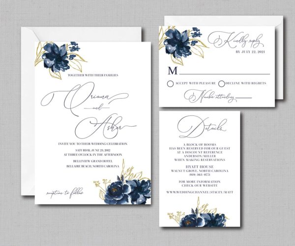 Watercolor Navy Blue And Gold Floral Wedding Invitation - Image 2