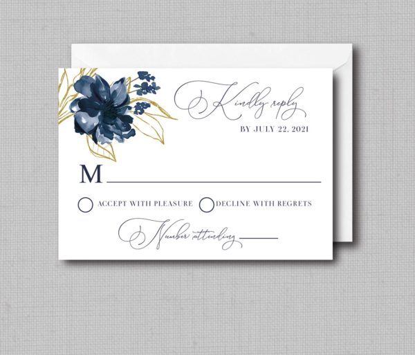 Watercolor Navy Blue And Gold Floral Wedding Invitation - Image 4