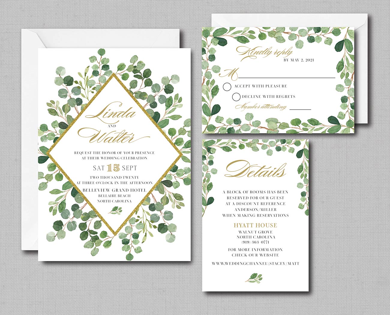 Watercolor Leaves Wreath Greenery Gold Framed Wedding Invitation - Image 2