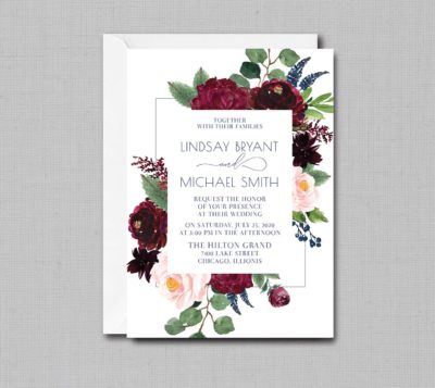 Boho Floral Merlot Burgundy Blush Wedding Invitation