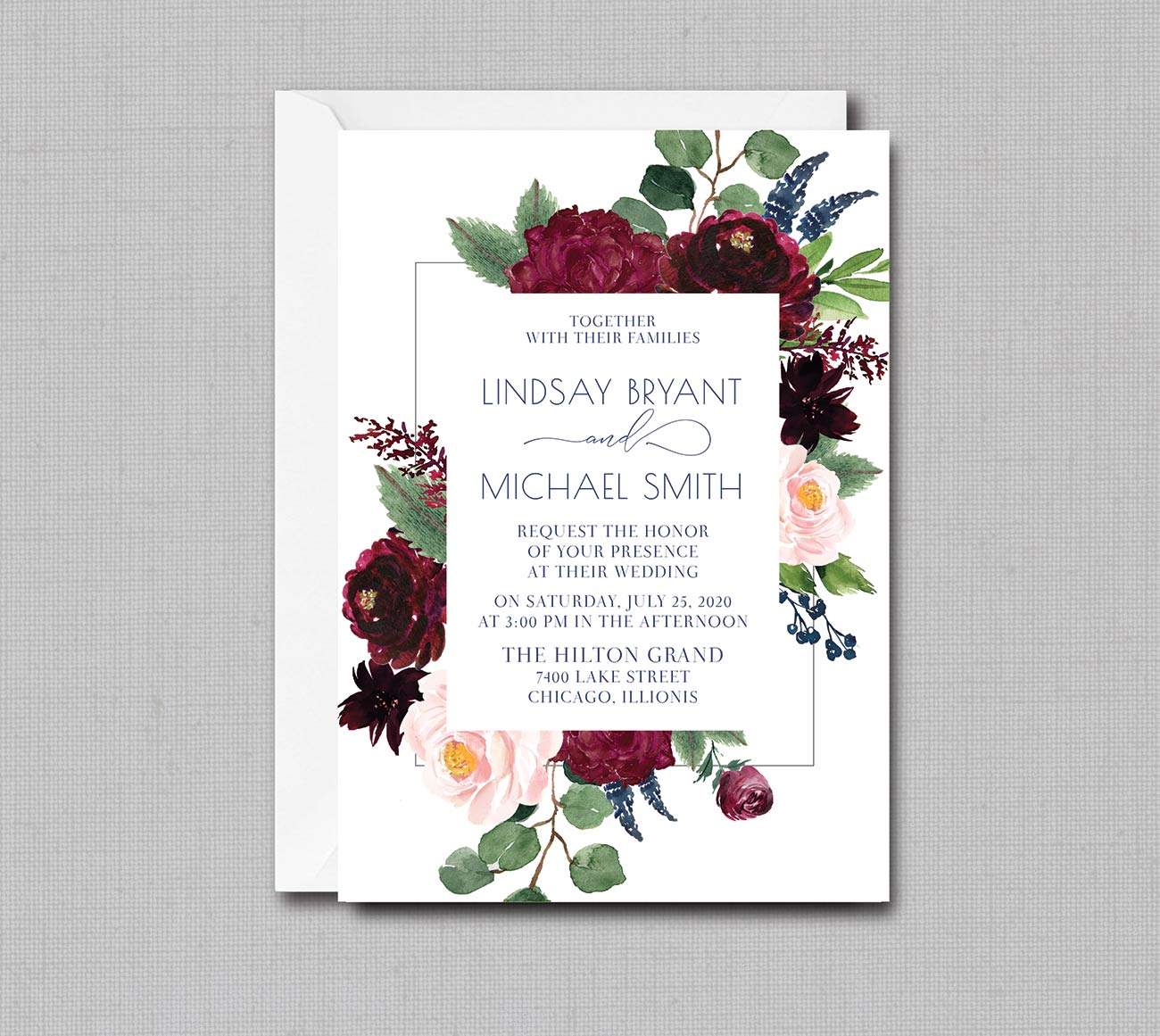 Boho Floral Merlot Burgundy Blush Wedding Invitation