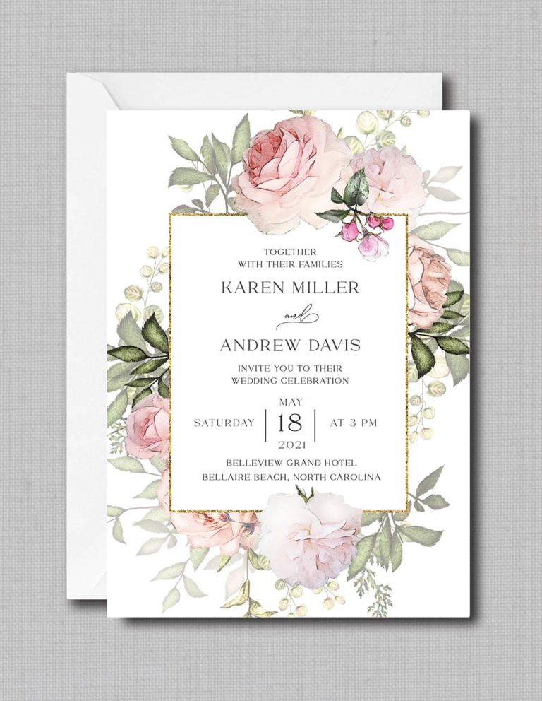 Blush Pink Floral Gold Frame Wedding Invitation - Affordable Wedding ...