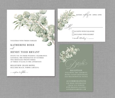 Botanical eucalyptus sage color Wedding Invitations Suite 22105
