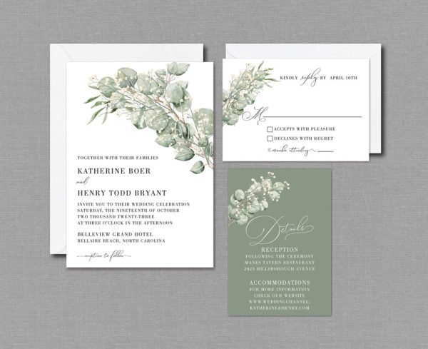 Botanical eucalyptus sage color Wedding Invitations Suite with envelopes 22105