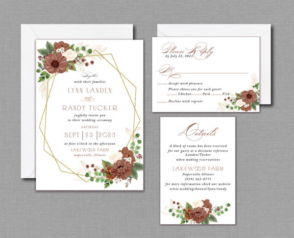 Terracotta Rust Fall Wedding Invitation Suite With Envelopes