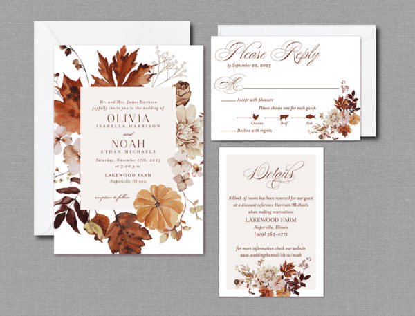 Autumn Fall Wedding Invitation Suite With Envelopes
