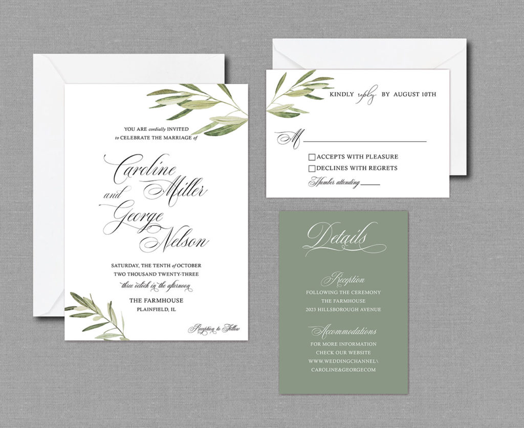 Sage Green Olive Branch Wedding Invitation Suite.