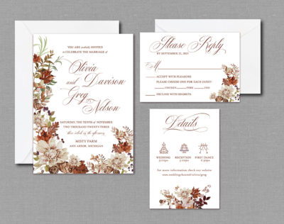 Boho Fall Autumn Wedding Invitation Suite With Envelopes