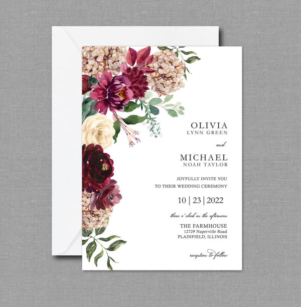 Autumn Floral Burgundy Wedding Invitation