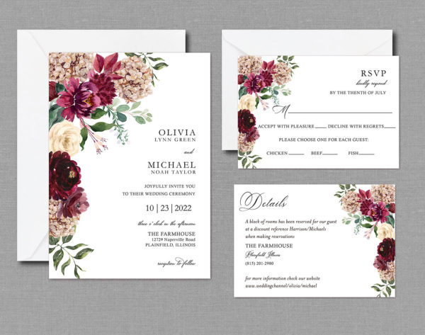 Autumn Floral Burgundy Wedding Invitation Suite With Envelopes